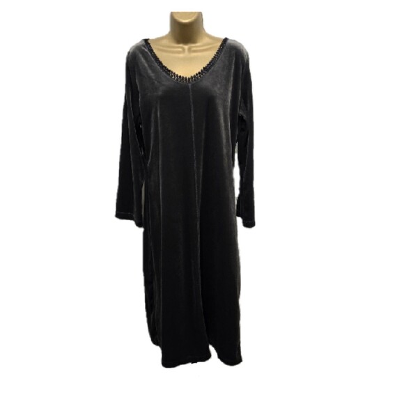 Dark Minimalist Moody Chic Velvet Charcoal Gray Midi Shift Dress Sz Lg Lace Trim - Picture 8 of 8